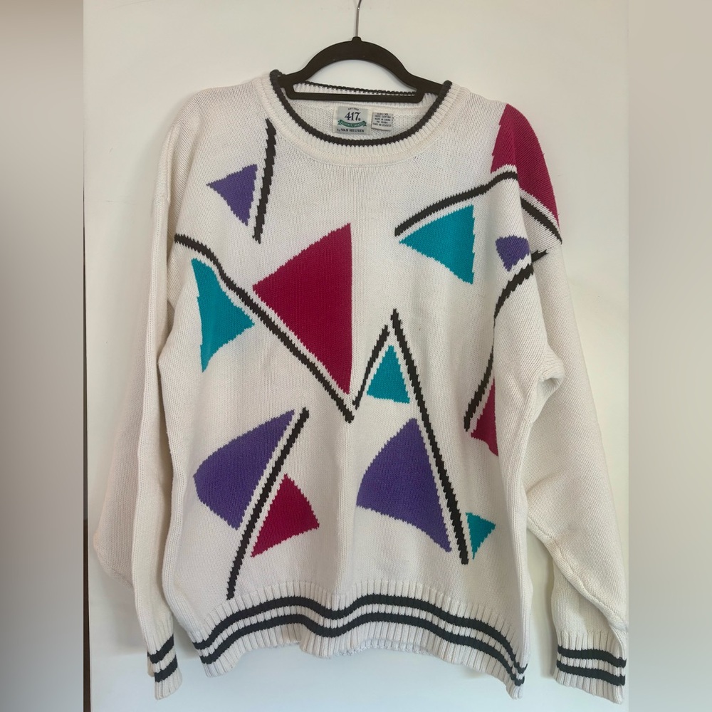 Vintage Van Heusen Geometric Pattern Sweater - Ivory, Purple, Teal & Magenta